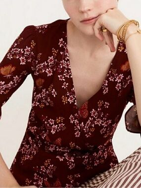 Madewell Maroon Butterfly & Floral Wrap Blouse